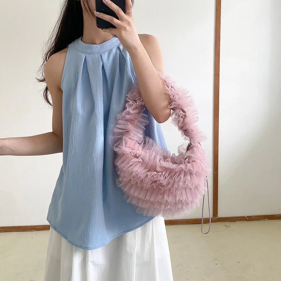 Mimicun  -  Cute Mesh Women Shoulder Bag Ruched Flounce Handbags Puffy Lace Hobos Tote Bags for Women Designer Dumpling Bag Ladies Purses