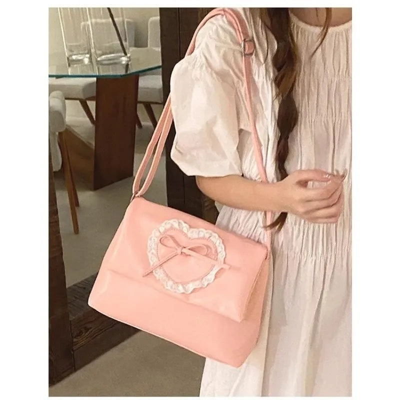 Mimicun Pink Sweet Shoulder Bag for Women Love Heart Fashion Large Capacity Casual Armpit Bag Elegant Harajuku Literary Handbag