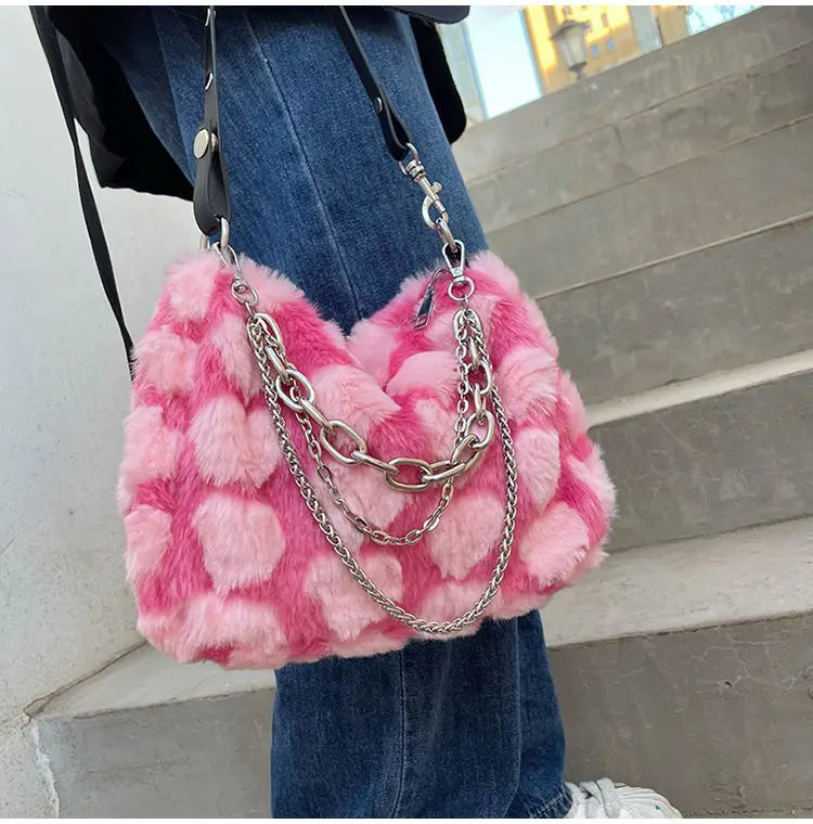 Mimicun  -  Y2k Hot Girls Pink Love Underarm Bags Soft Plush Heart Pattern Ladies Shoulder Bag Female Chain Furry Crossbody Bag Handbags