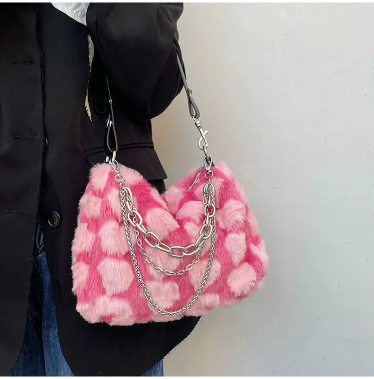 Mimicun  -  Y2k Hot Girls Pink Love Underarm Bags Soft Plush Heart Pattern Ladies Shoulder Bag Female Chain Furry Crossbody Bag Handbags