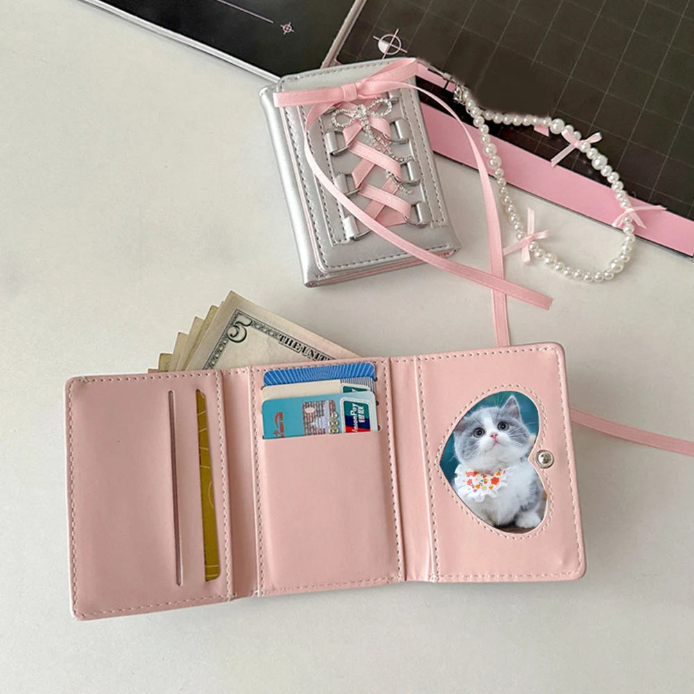 Mimicun  -  Y2k Korean Sweet Card Wallet Girl Fashion Ballet Style Lace Bow Short ID Card Purse Portable Coin Bag Student Creative Wallets