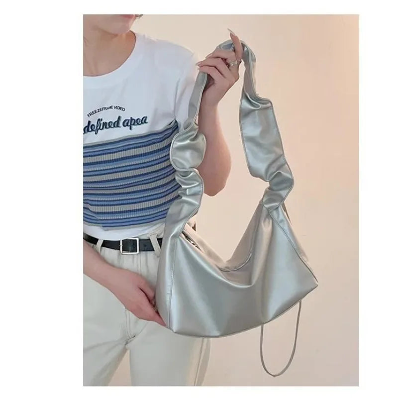 Mimicun Silver Pleated Womens Shoulder Bag Solid Color Designer Simple Summer Leather Handbag Casual Advanced Female Armpit Bag