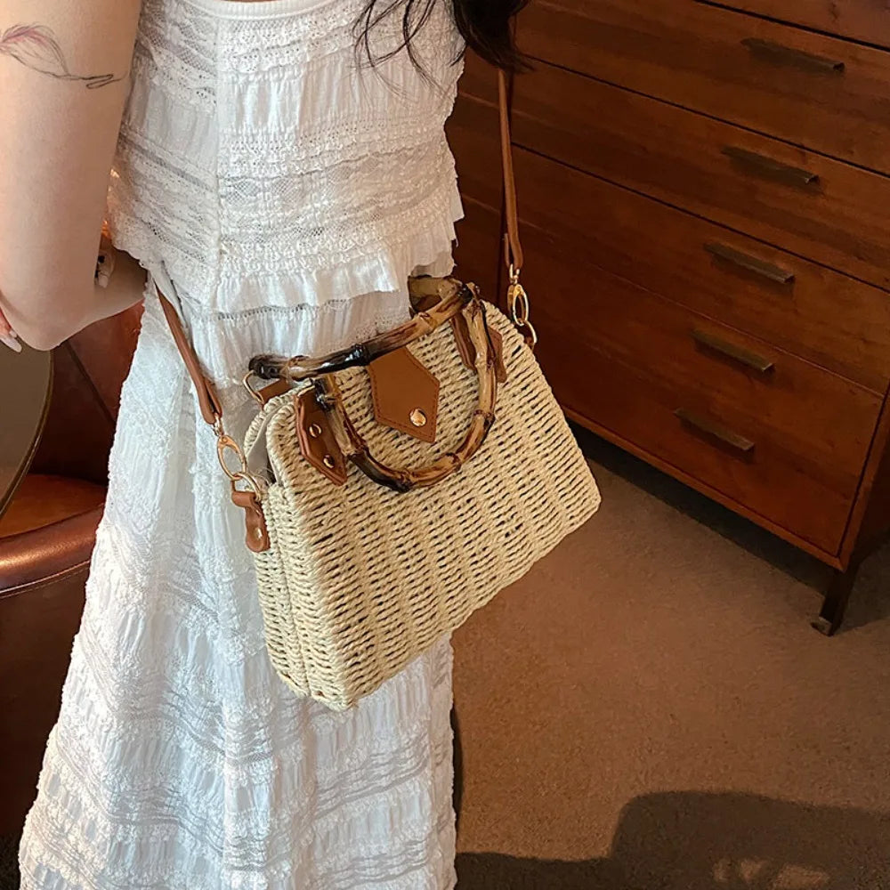 Mimicun  -  Elegant Vintage Bamboo Handle Rattan Straw Woven Bag Bohemian Crossbody Bag Outing Sling Bag Shoulder Bag