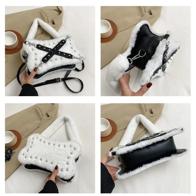 Mimicun Gothic Rivet Plush Shoulder Bag Women Y2k Grunge Winter Subculture Messenger Bag Purse Ladies Harajuku Aesthetic Handbag