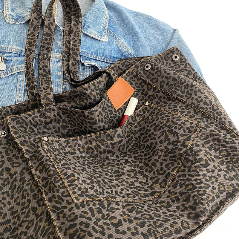 Mimicun Leopard Casual Totes For Women Large Capacity Fashion Shoulder Bags Soft Cloth Big Leisure Or Travel Bags Korea Lazy breeze Bags