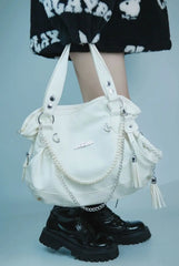 Mimicun Retro White Large Capacity Tote Bag Women Harajuku Pearl Chain Casual Shoulder Bags Female Vintage Y2k Handbag Aesthetic