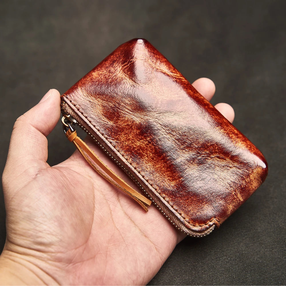 Mimicun Genuine Leather Mini Coin Purse Head Layer Cowhide Card Bag Handmade Zipper Wallet Car Key Case Short Lady Wallet Key Case