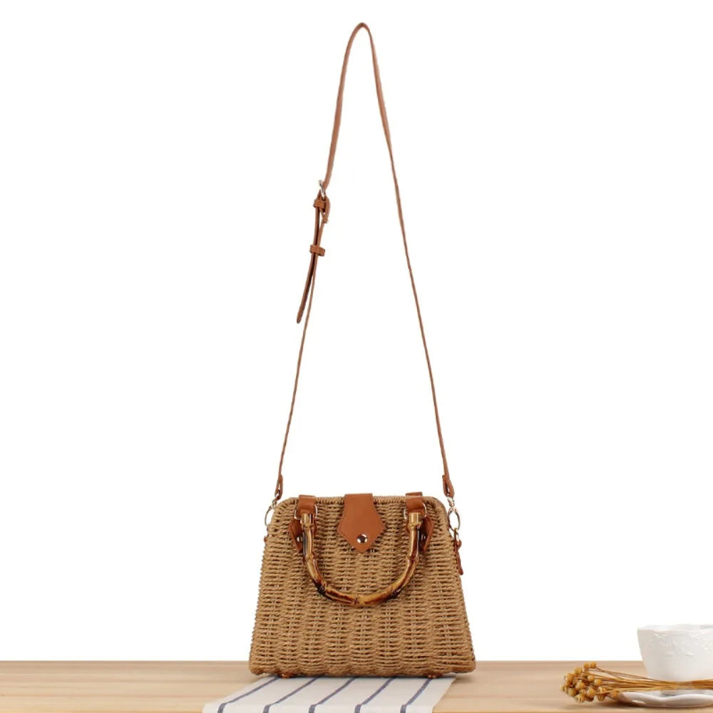 Mimicun  -  Elegant Vintage Bamboo Handle Rattan Straw Woven Bag Bohemian Crossbody Bag Outing Sling Bag Shoulder Bag