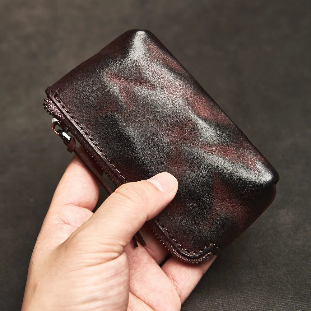 Mimicun Genuine Leather Mini Coin Purse Head Layer Cowhide Card Bag Handmade Zipper Wallet Car Key Case Short Lady Wallet Key Case