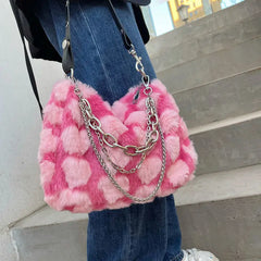 Mimicun  -  Y2k Hot Girls Pink Love Underarm Bags Soft Plush Heart Pattern Ladies Shoulder Bag Female Chain Furry Crossbody Bag Handbags