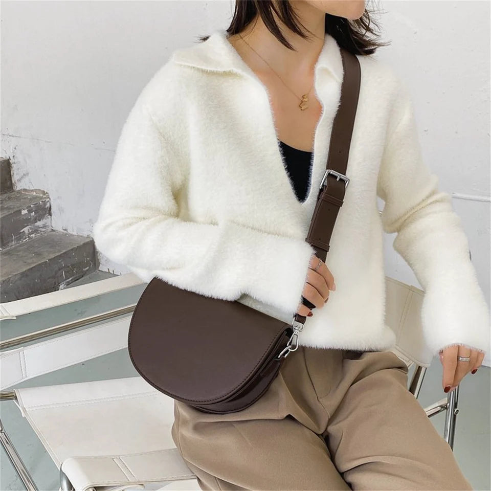 Mimicun  -  Retro Solid Color Saddle Bag High Quality Leather Shoulder Bags for Women New Simple Ladies Crossbody Bag Designer Handbags