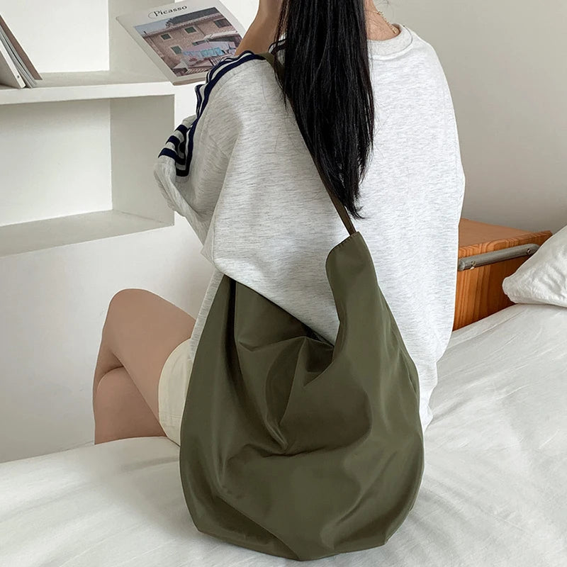 Mimicun Fashion Casual Nylon Tote Women Large Capacity Drawstring Commuting Bucket Shoulder Bags Simple Underarm Bag Vintage Bolsa Mujer