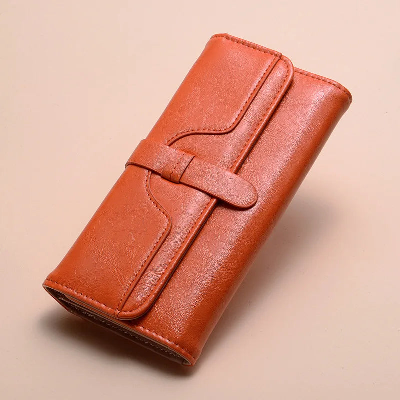 Mimicun New Women's Purse Women's Long Fashion Wax Leather Triple Fold Draw with Solid Color Retro Women's Money Clip