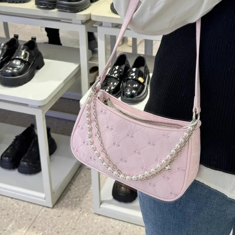 Mimicun Pink Womens Shoulder Bag Elegant Cute Bow Pearl Chains Bow Embroidery Handbag Casual Leather Korean Fashion Female Handbag