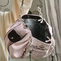 Mimicun Y2K Pink Vintage Gothic Women Tote Bag Aesthetic Large Capacity Embroidery Letters Retro Shopping Travel Chain Shoulder Bag