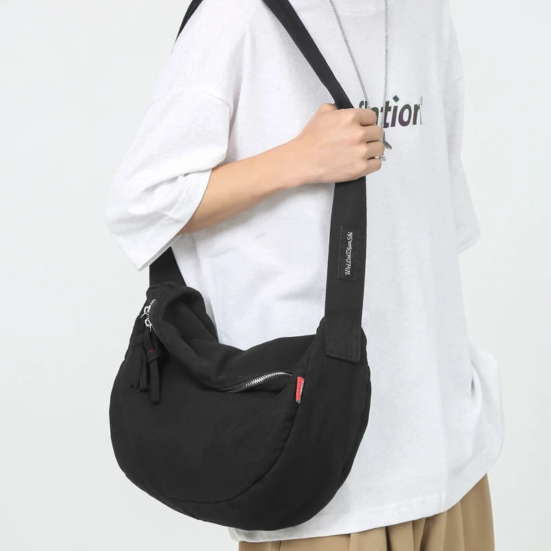 Mimicun Unisex Canvas Shoulder Bags Minimalist Style Solid Black Packages Large Capacity Hobos Japan Style Crossbody Bags for Women