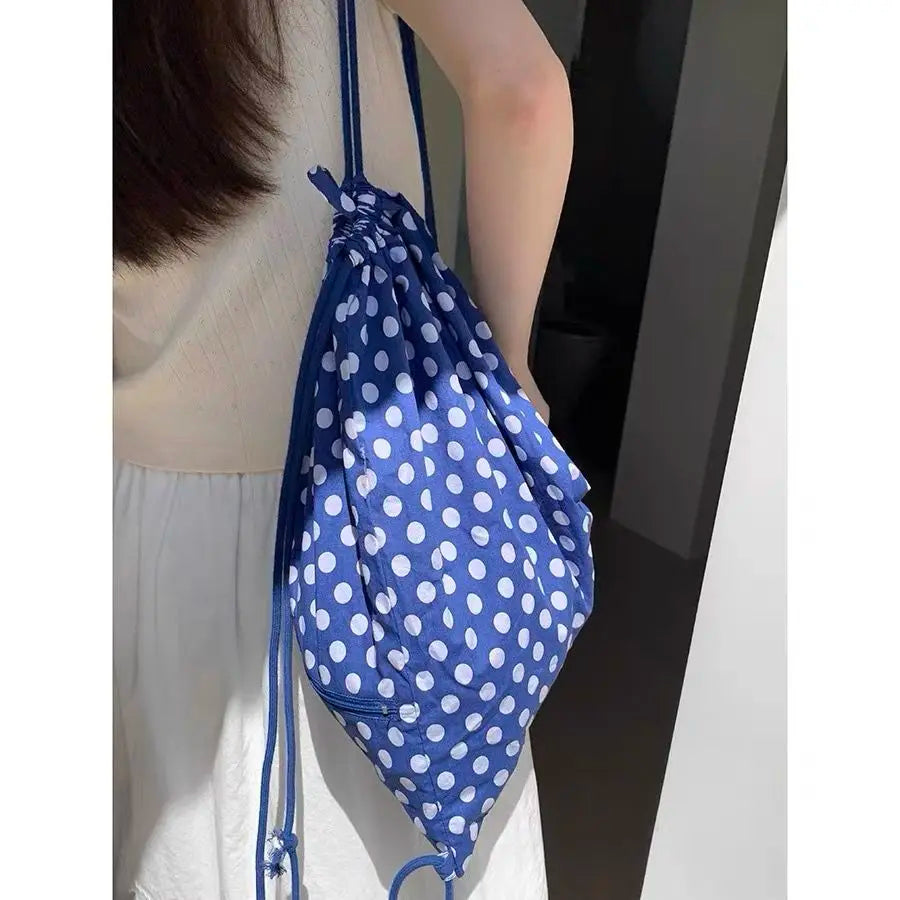 Mimicun  -  Summer Blue White Polka Dot Backpack Casual Style Versatile Strap Drawstring Bag Small Backpacks