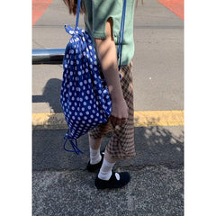 Mimicun  -  Summer Blue White Polka Dot Backpack Casual Style Versatile Strap Drawstring Bag Small Backpacks