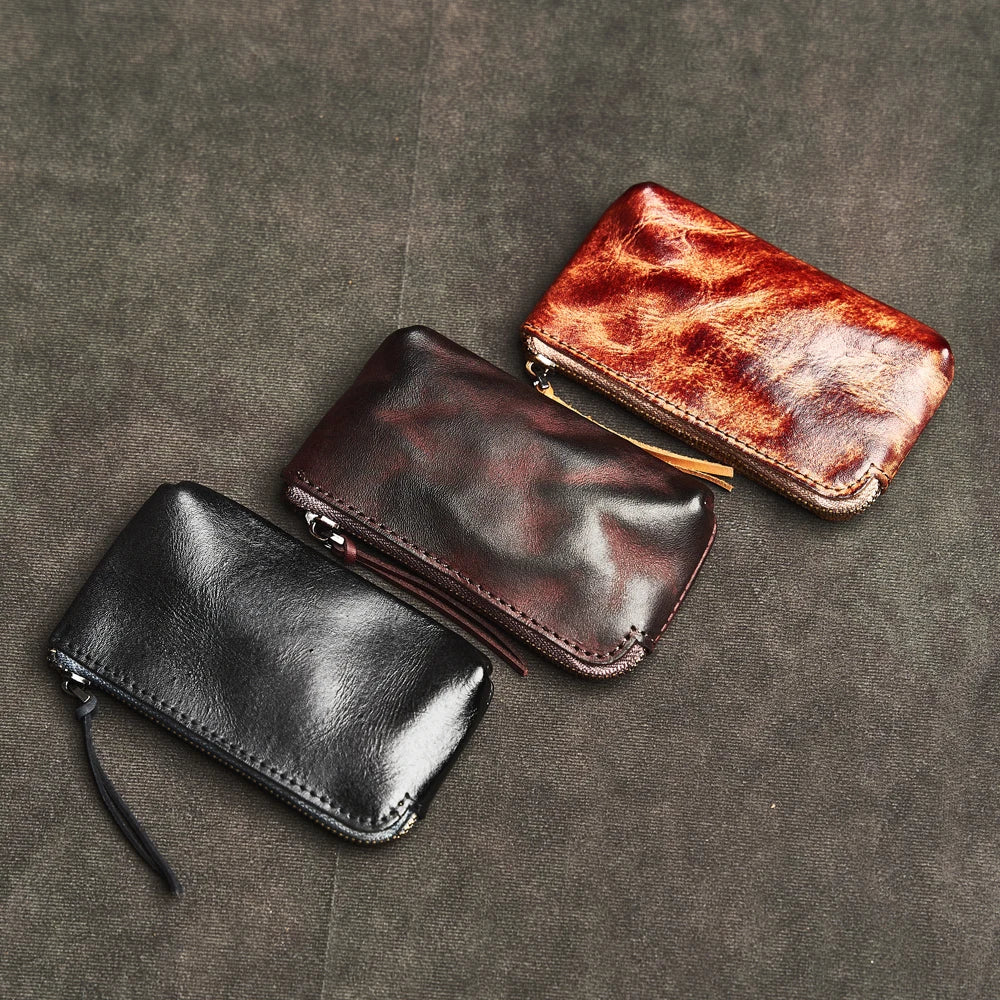 Mimicun Genuine Leather Mini Coin Purse Head Layer Cowhide Card Bag Handmade Zipper Wallet Car Key Case Short Lady Wallet Key Case