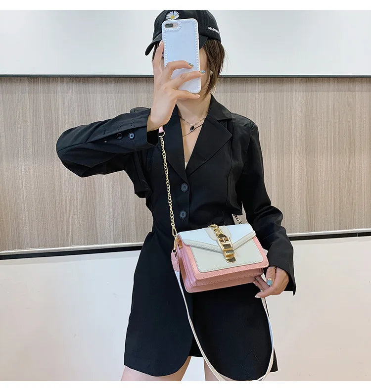 Mimicun  -  Fashion chain lady Sling bag Panelled color PU Leather Crossbody Bag For Women new Wide strap Shoulder Messenger Bag Ladies